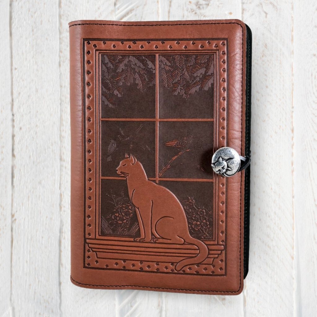 Oberon Design Leather Refillable Journal Cover, Cat in Window, Saddle with background