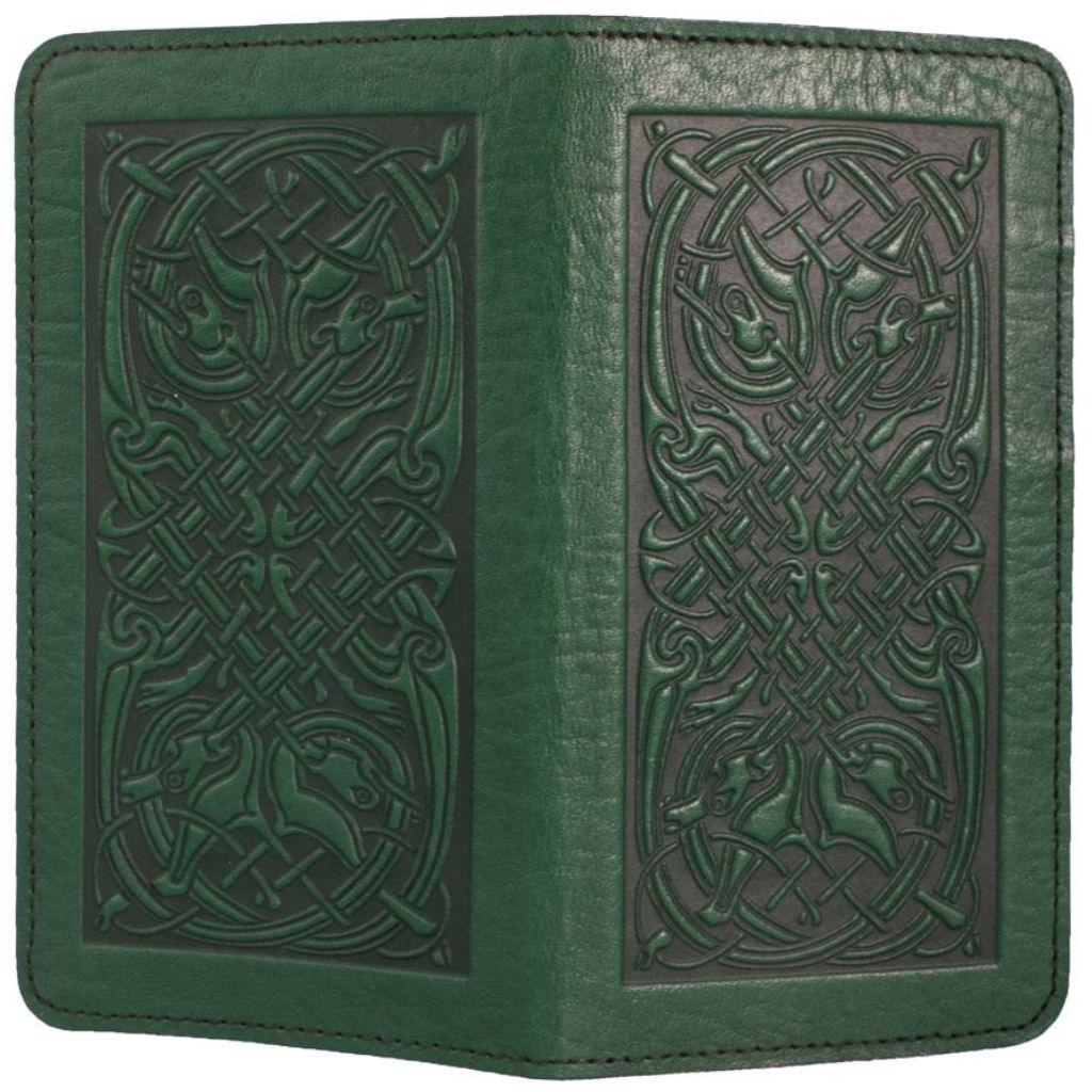 Checkbook Cover, Celtic Hounds in Green - Open