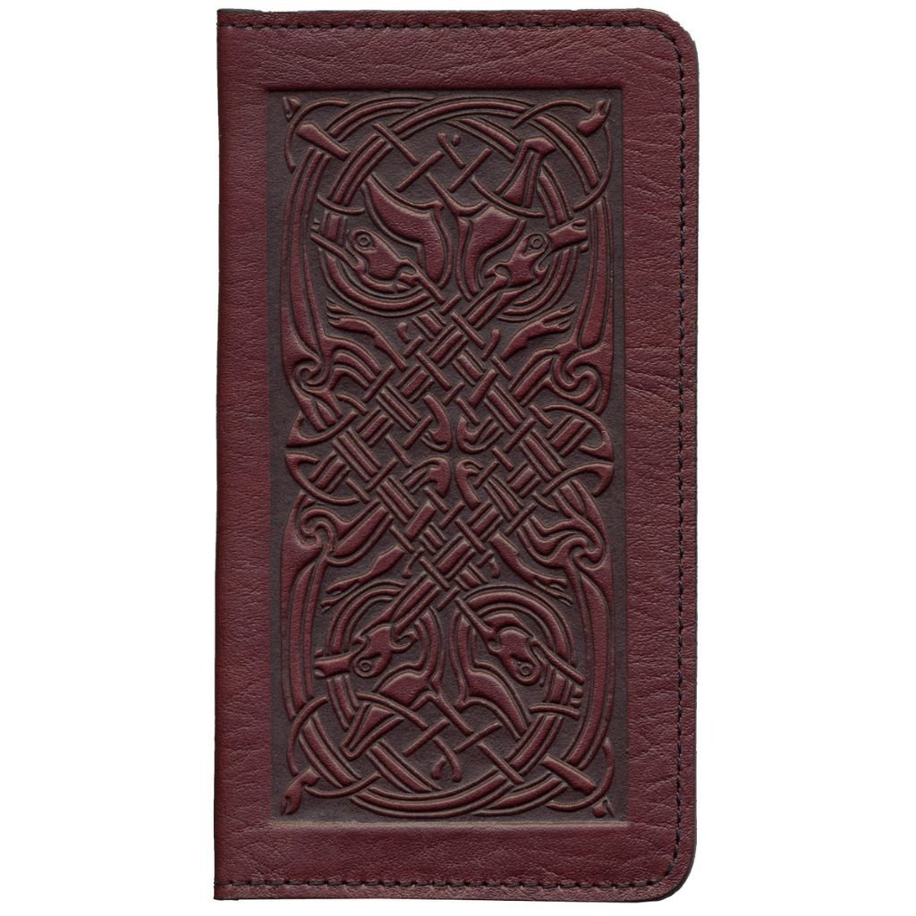 Leather Checkbook Cover, Celtic Hounds in Wine