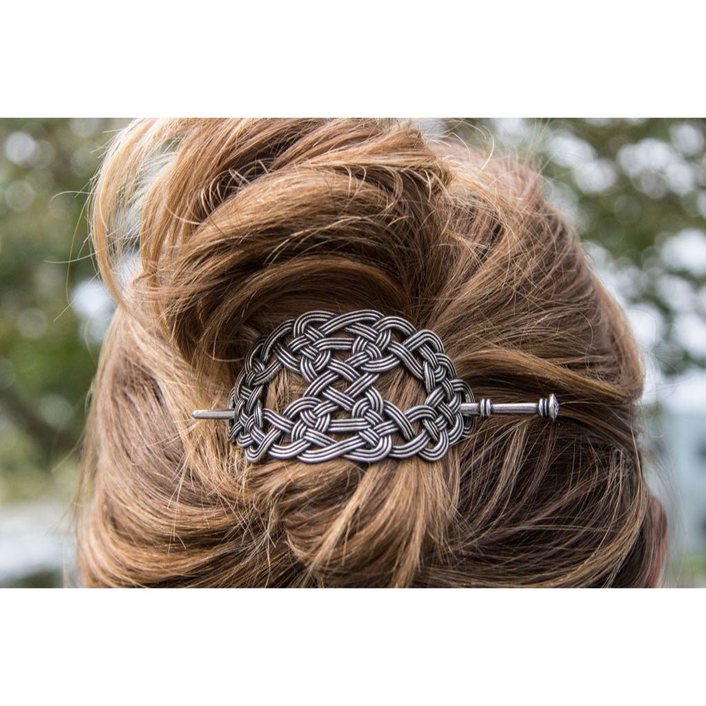 Oberon Design Hand-Cast Metal Hair Stick, Hair Slide. Celtic Weave, Model