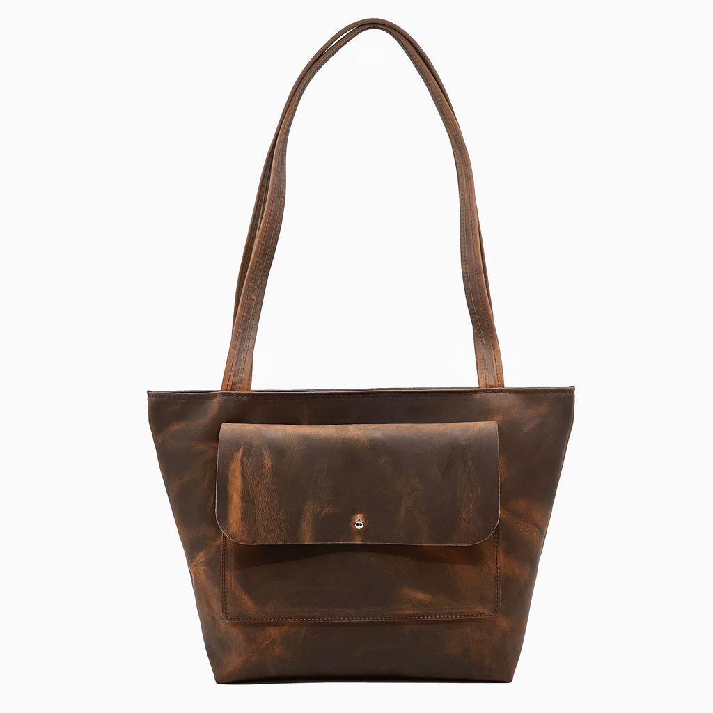 Classic Leather Tote, Hard Times with model in blue
