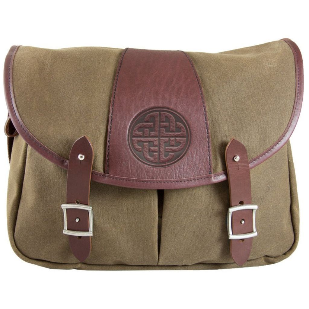Oberon Design Crosstown Messenger Bag, Waxed Canvas &amp; Leather, Celtic Love Knot, Tan &amp; Wine
