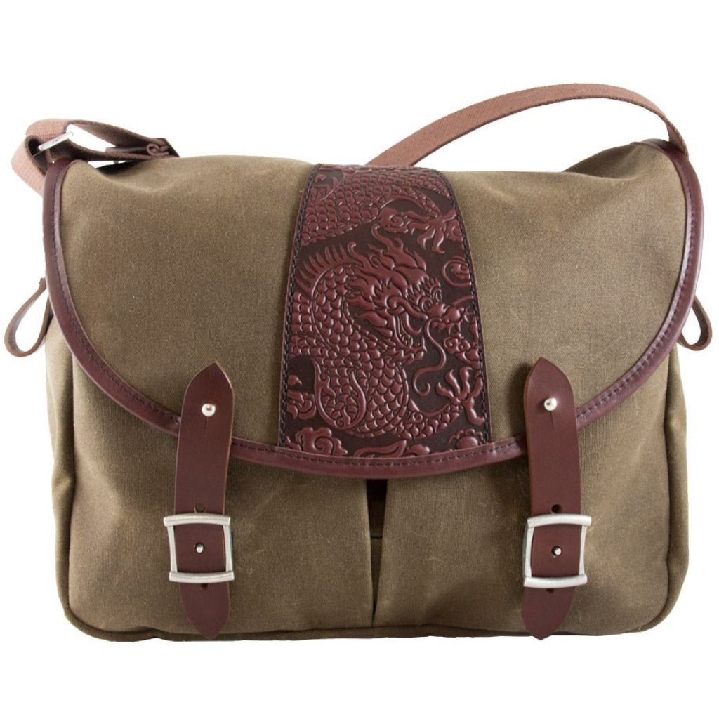 Oberon Design Crosstown Messenger Bag, Waxed Canvas & Leather, Cloud Dragon, Wine & Tan