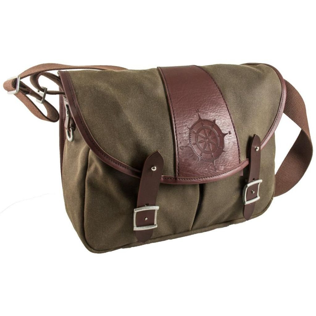 Oberon Design Crosstown Messenger Bag, Waxed Canvas and Leather, Compass Rose, Tan and Wine