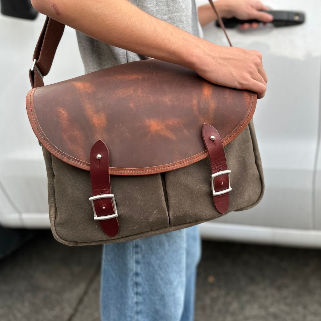Canvas messenger bag w/Leather Strap, Asymmetrical Flap w/Leather button  lock
