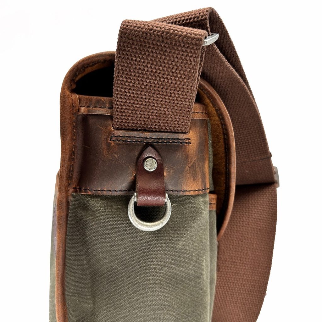 Hard Times Messenger Bag canvas and leather side view with ring