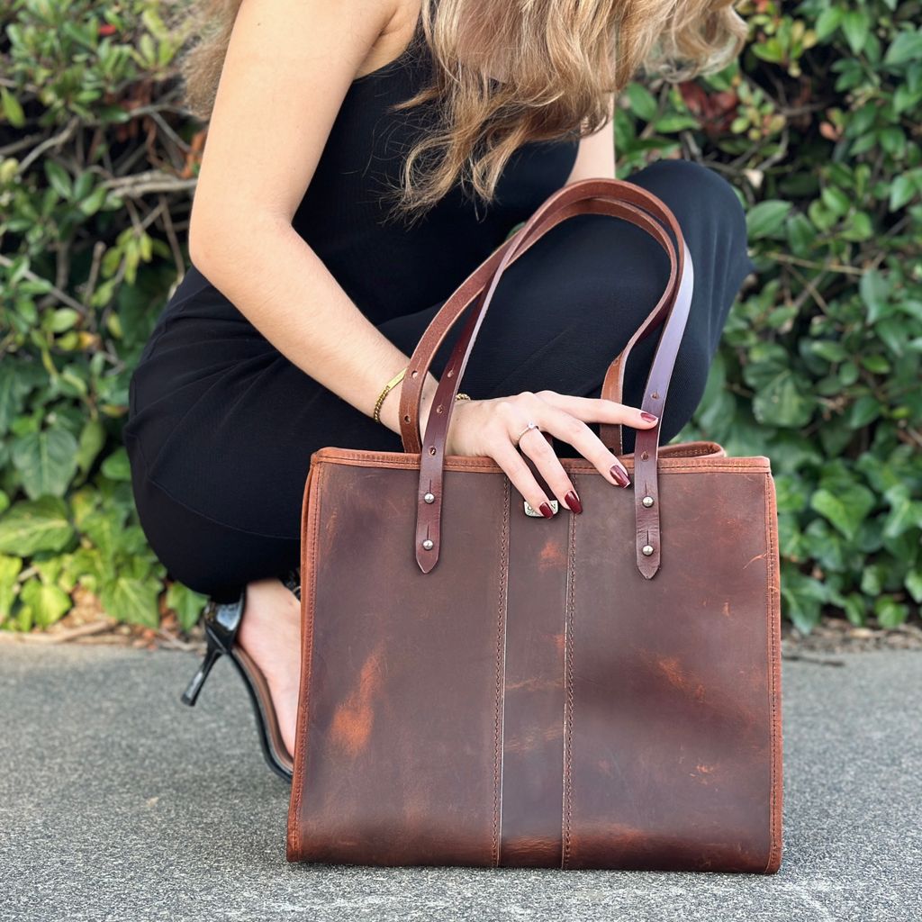 Sonoma Tote, Hard Times, Model with black dress
