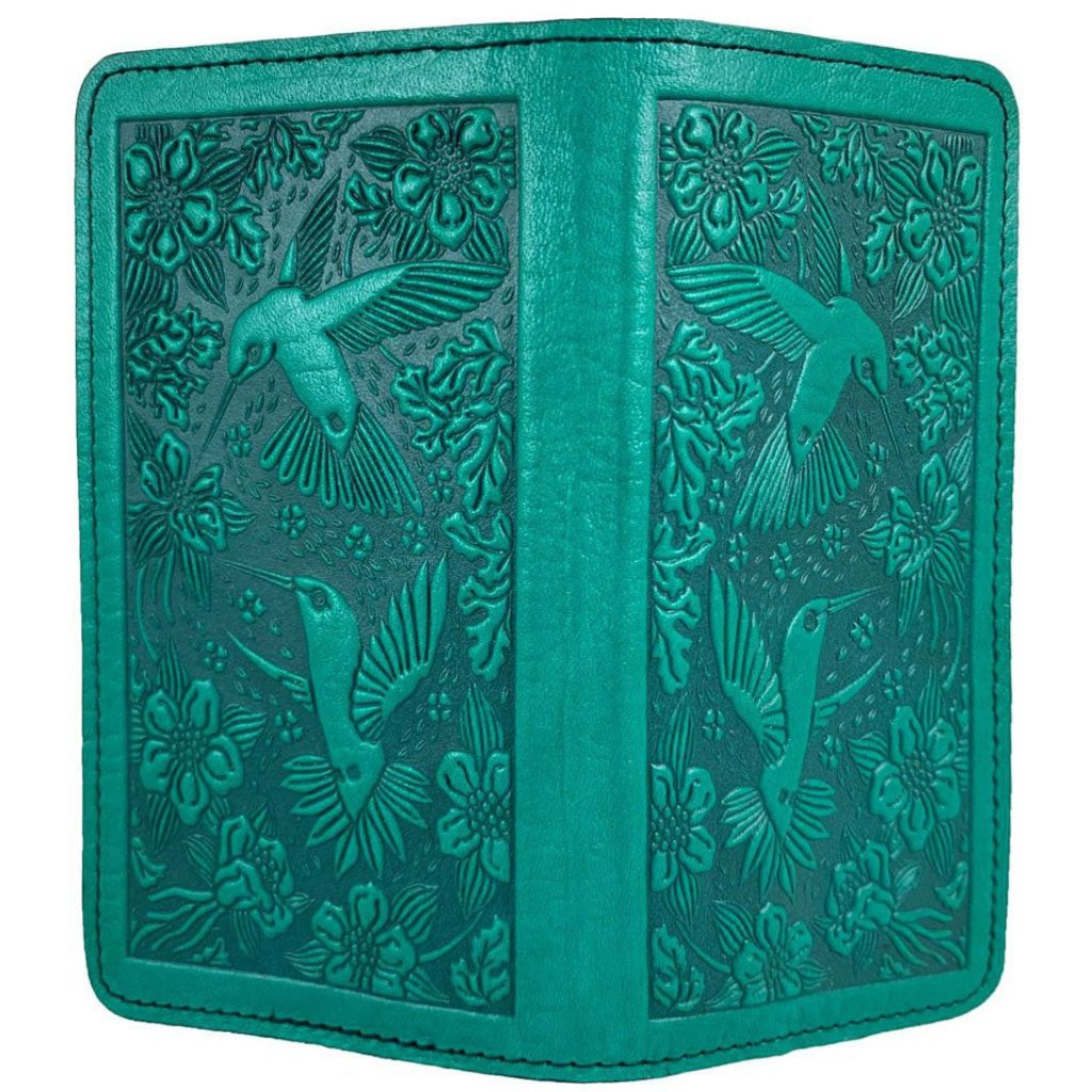 Checkbook Cover, Hummingbird, Teal, Open