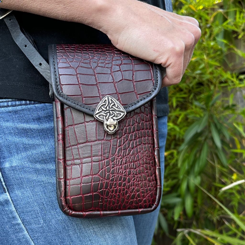 Limited Edition Leather &quot;Molly&quot; Women&#39;s Cell Phone Handbag, Burgundy Alligator, Modeled Image