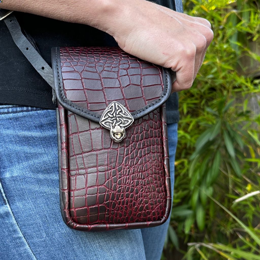 Limited Edition Leather "Molly" Women's Cell Phone Handbag, Burgundy Alligator, Modeled Image