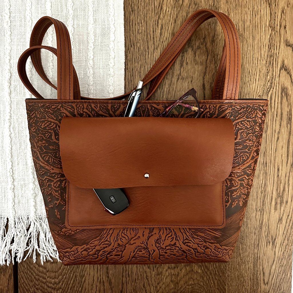 Leather Handbag, The Classic Tote, Tree of Life, Pocket Feature With Accessories 