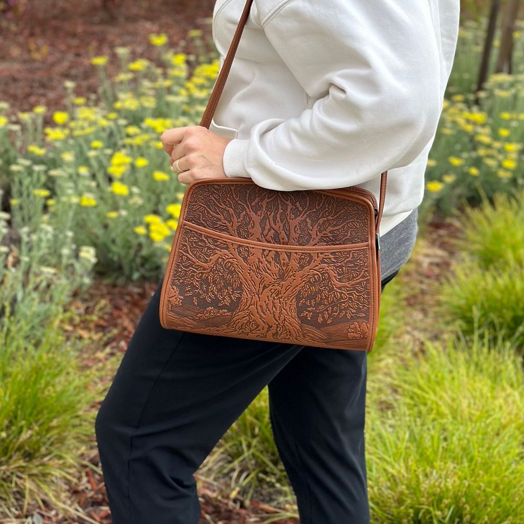 Oberon Design Leather Handbag, Tree of Life Retro Crossbody, Saddle