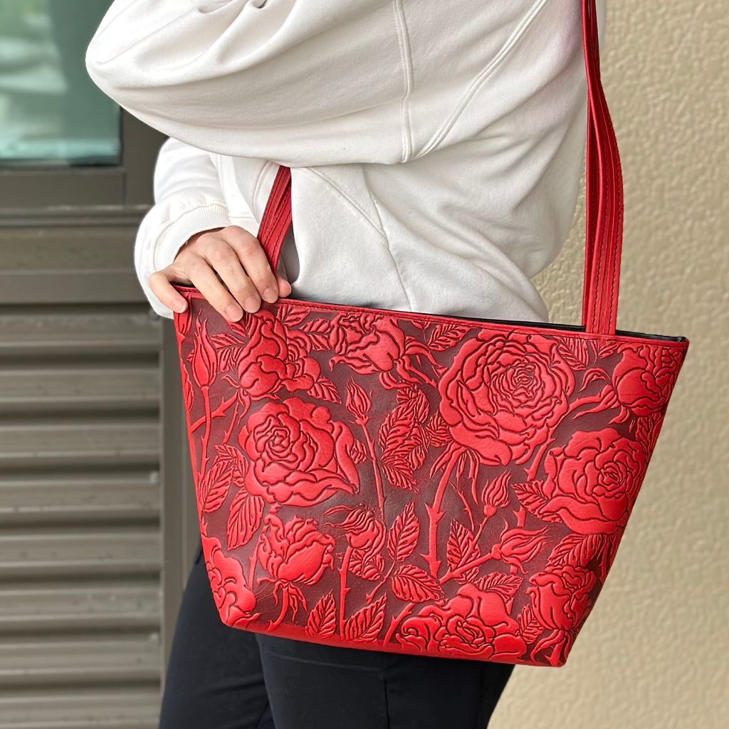 Leather Handbag, The Classic Tote, Wild Rose, Modeled Image of Front View