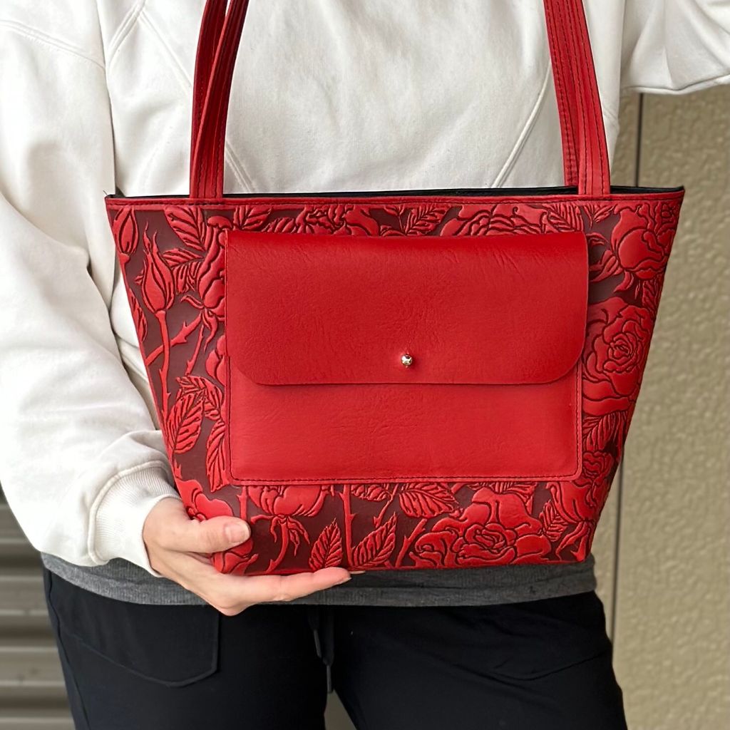 Leather Handbag, The Classic Tote, Wild Rose, Modeled Image With Pocket Feature