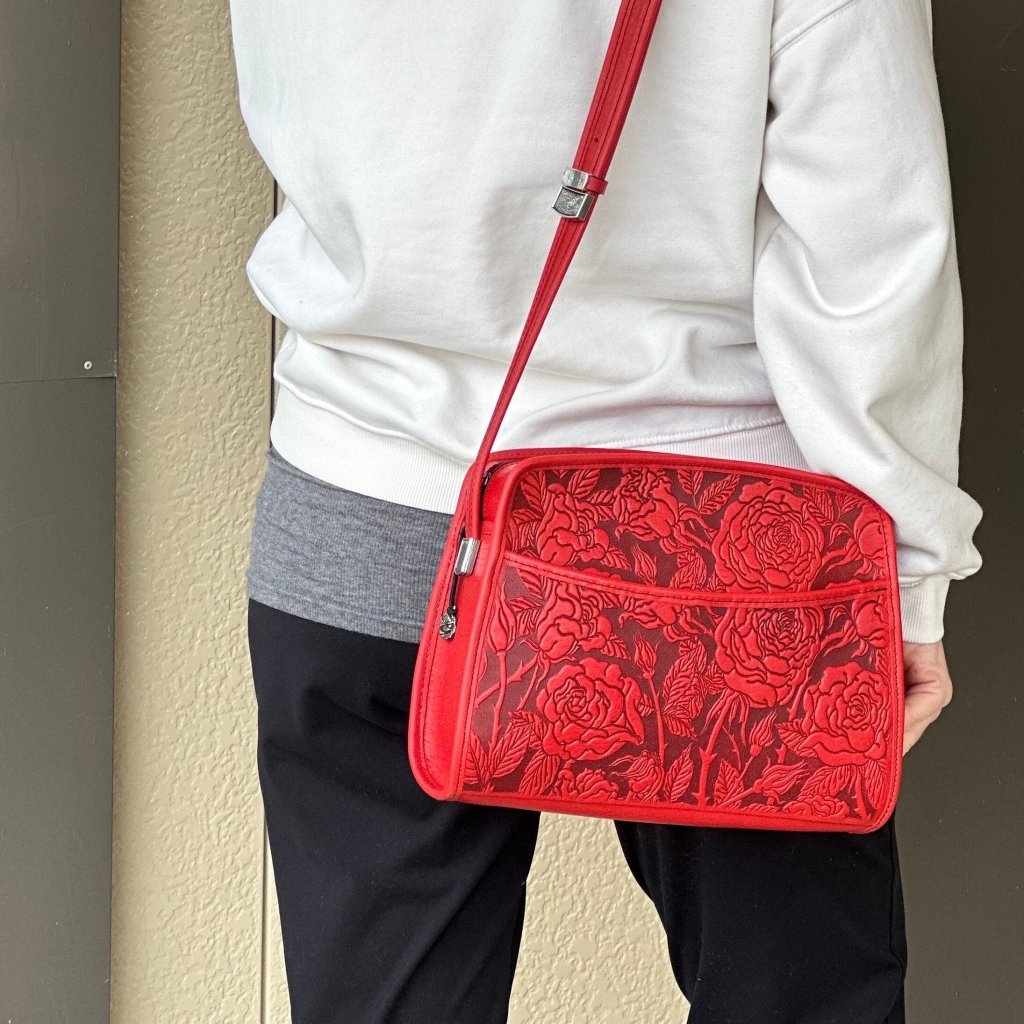 Oberon Design Leather Handbag, WIld Rose Retro Crossbody, Red, Modeled