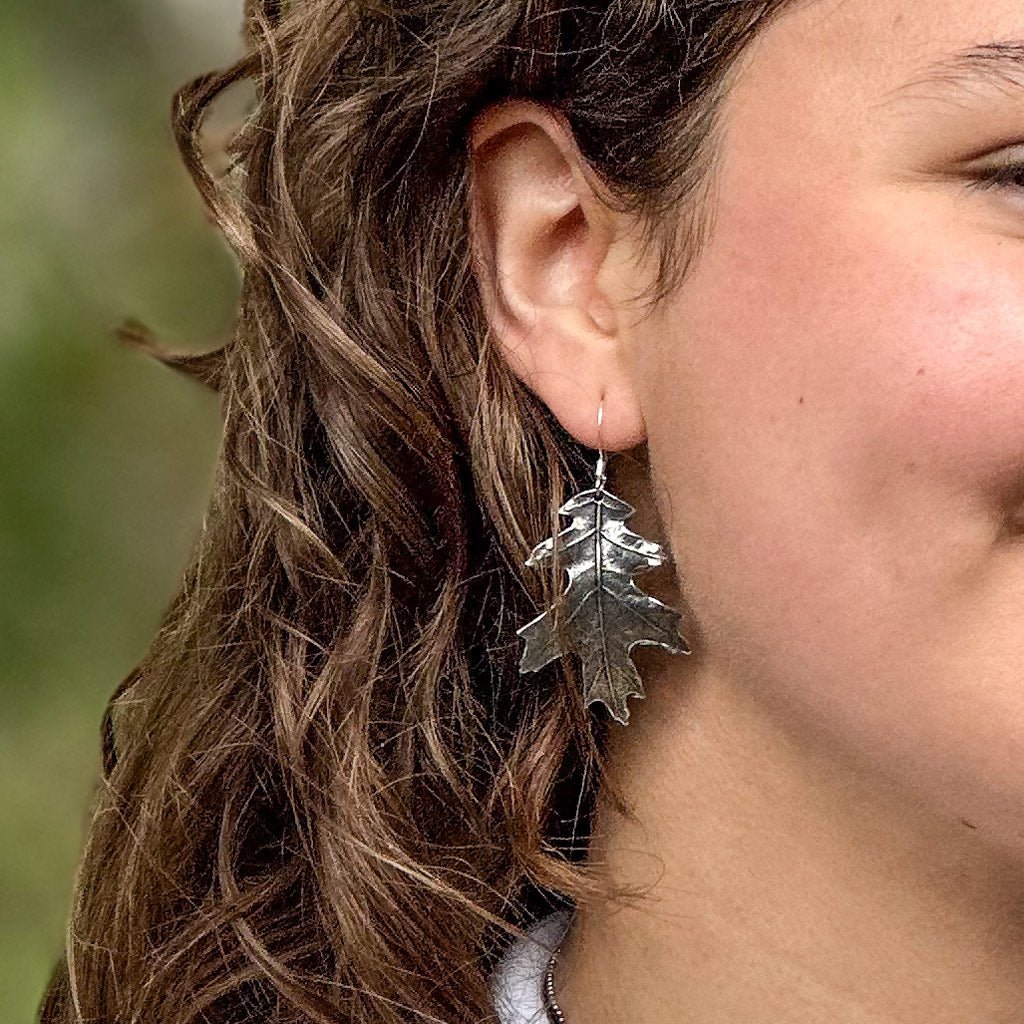 Oberon Design Britannia Metal Jewelry, Earrings, Oak Leaf, Model