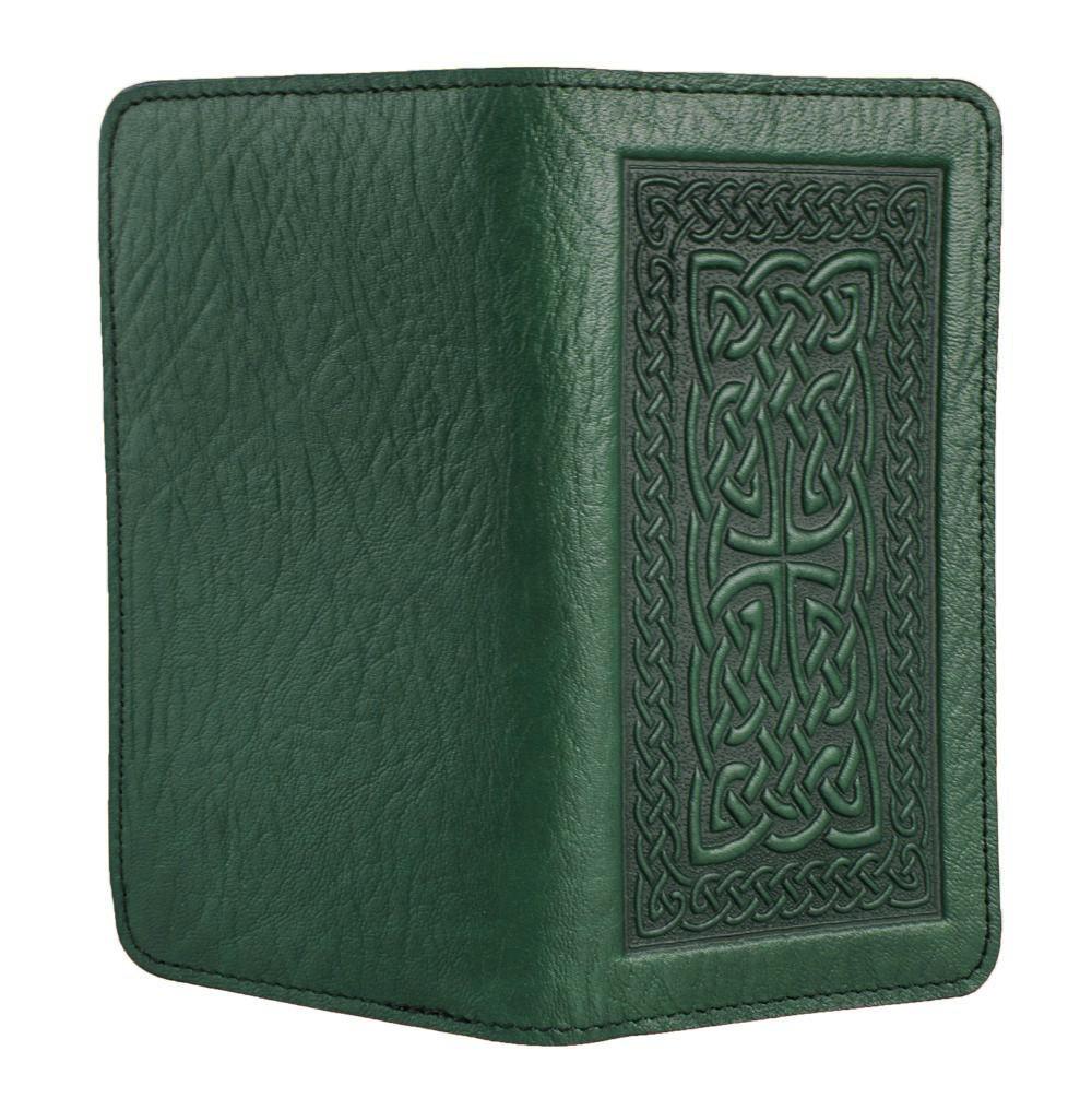 Oberon Design Small Leather Smartphone Wallet, Celtic Braid in Green