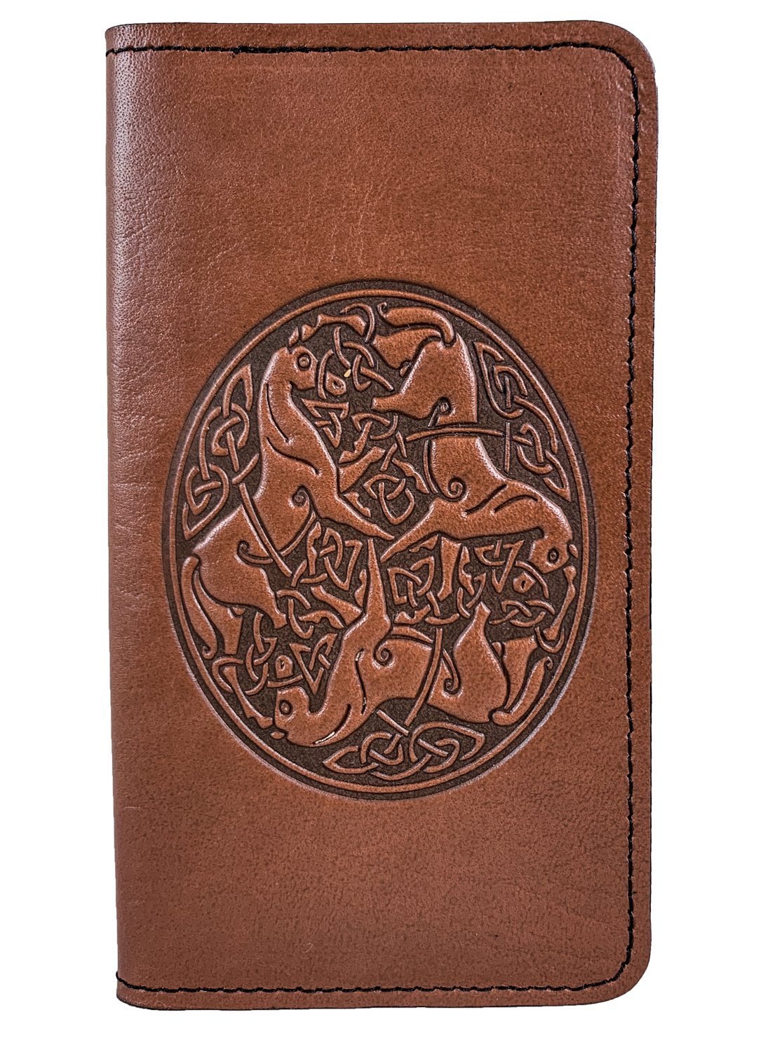 Oberon Design Small Oberon Design Small Leather Smartphone Wallet Case, Celtic Horses in Saddle
