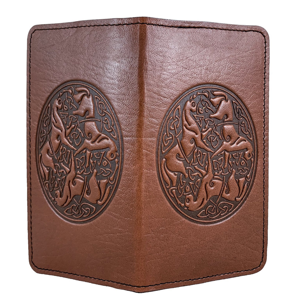 Oberon Design Small Oberon Design Small Leather Smartphone Wallet Case, Celtic Horses in Saddle