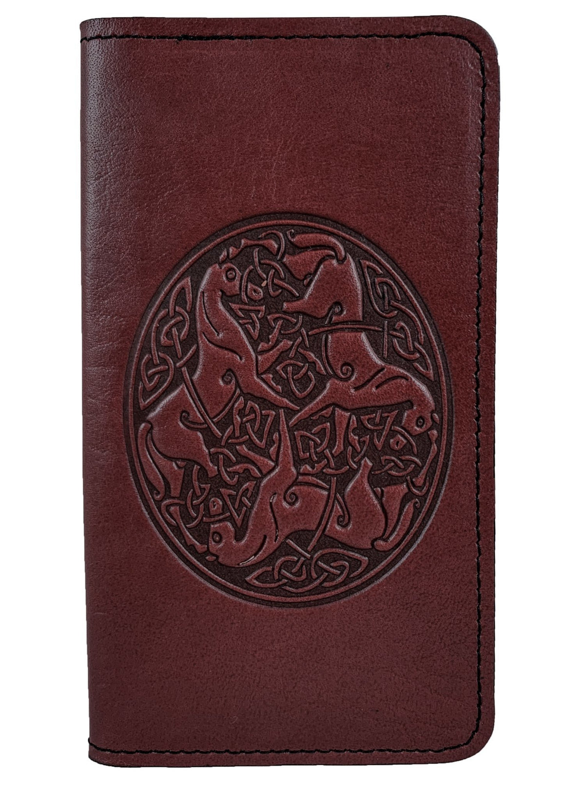 Oberon Design Small Oberon Design Small Leather Smartphone Wallet Case, Celtic Horses in Wine
