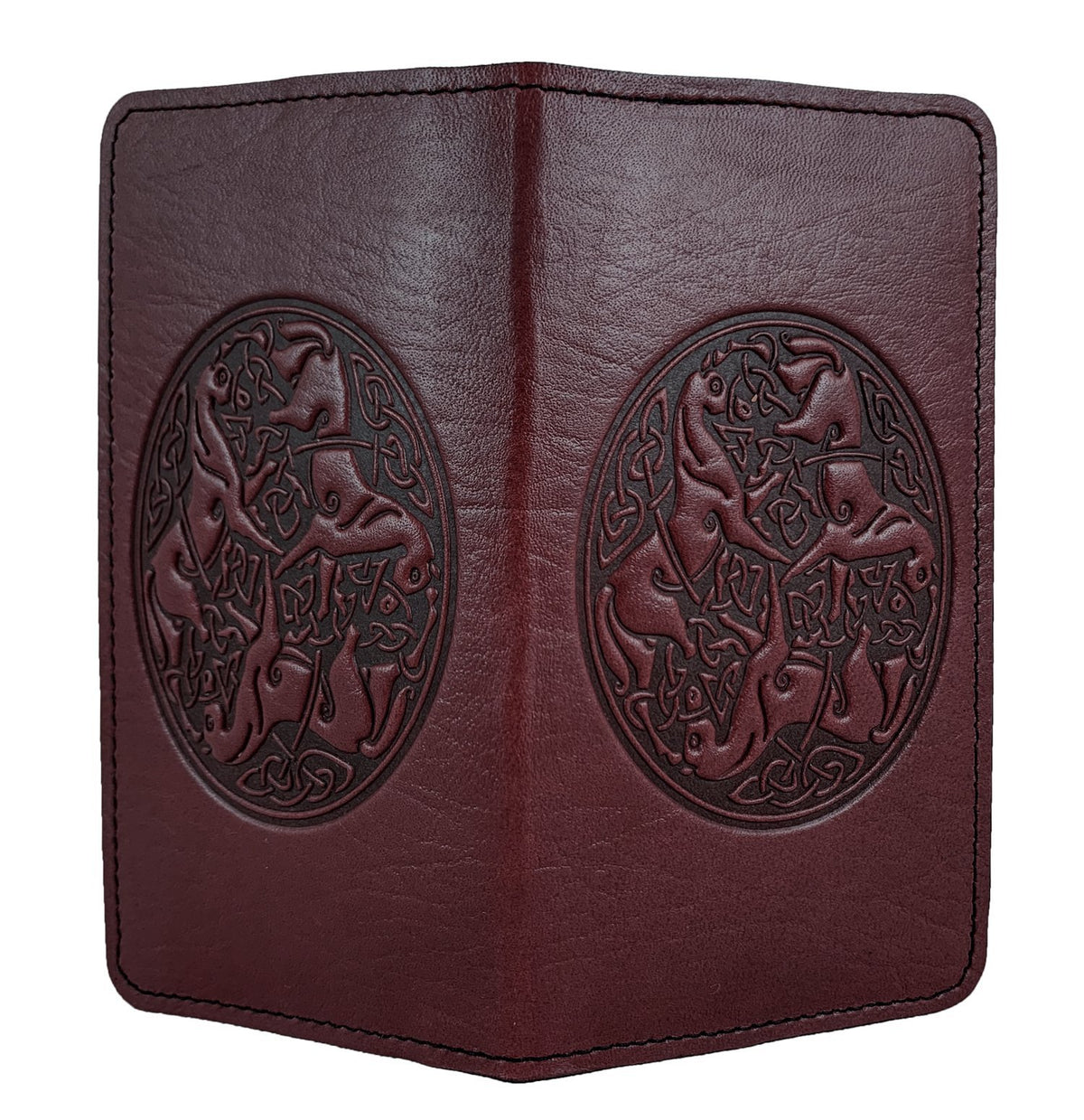 Oberon Design Small Oberon Design Small Leather Smartphone Wallet Case, Celtic Horses in Wine