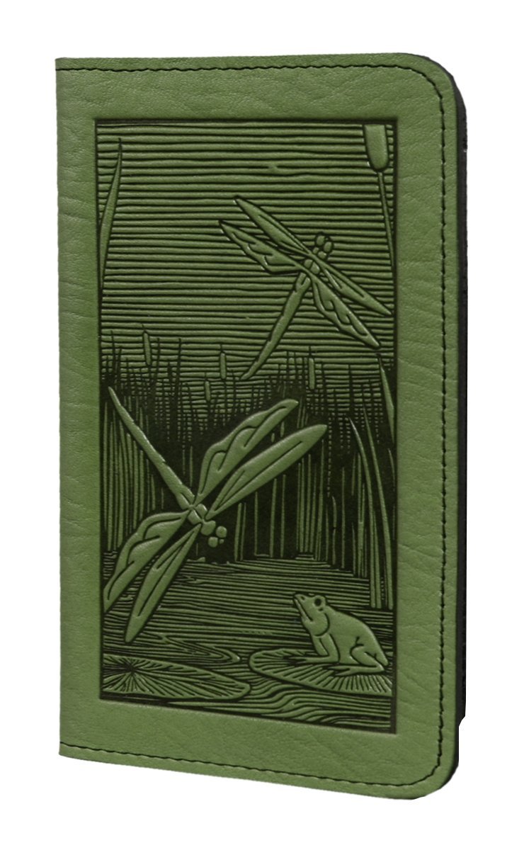 Oberon Design Small Leather Smartphone Wallet,Dragonfly Pond in Fern