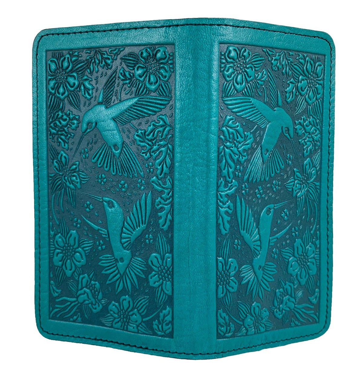 Oberon Design Small Oberon Design Small Leather Smartphone Wallet Case, Hummingbirds in Teal