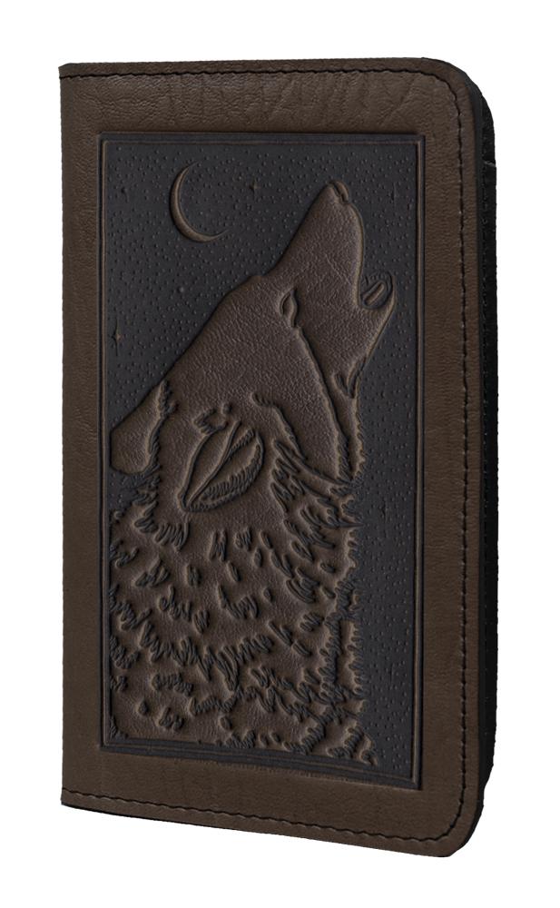 Oberon Design Small Oberon Design Small Leather Smartphone Wallet Case, Singing Wolf in Chocolate
