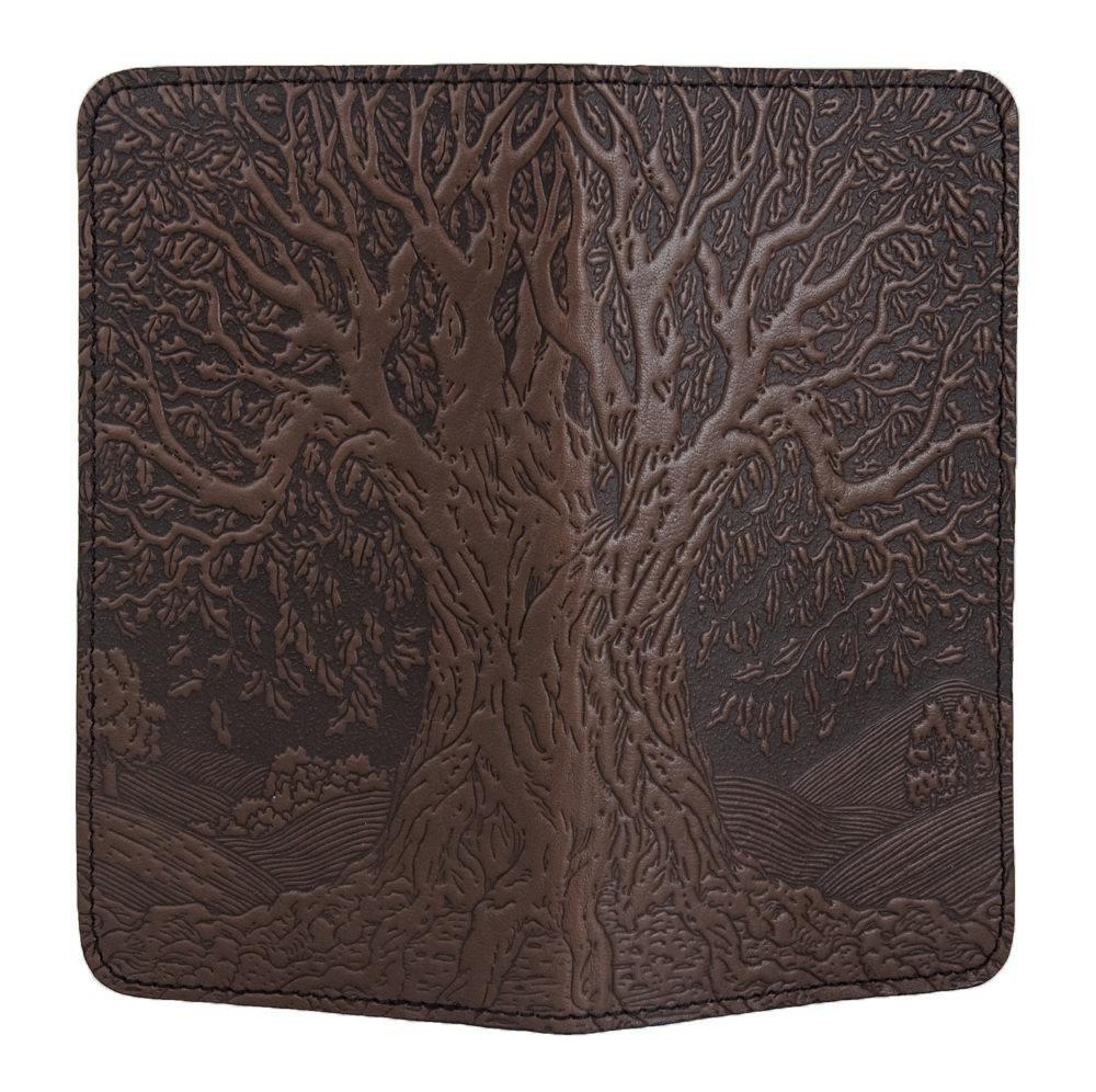 Oberon Design Small Oberon Design Small Leather Smartphone Wallet Case, Tree of Life in Chocolate, Open