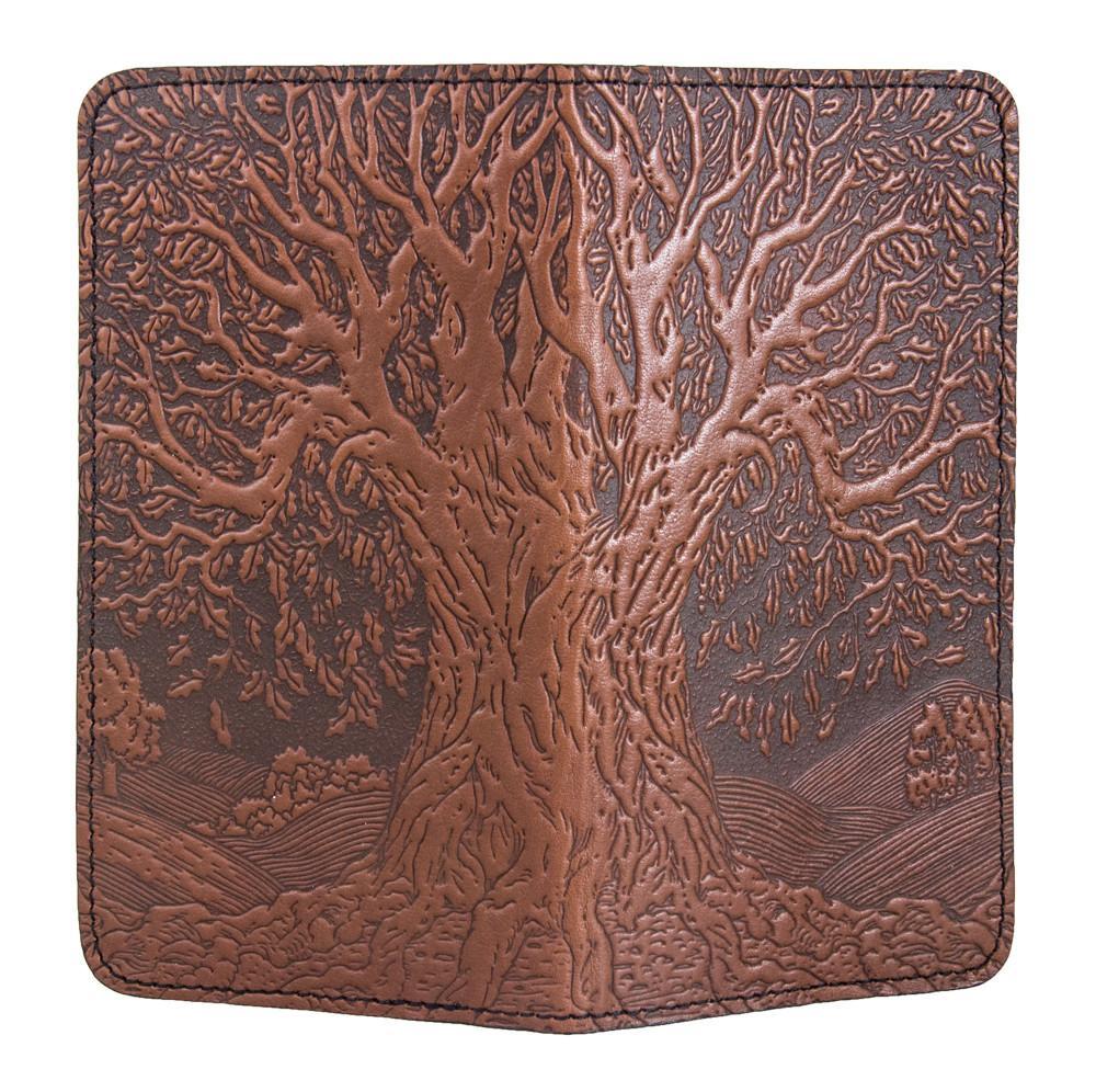 Oberon Design Small Oberon Design Small Leather Smartphone Wallet Case, Tree of Life in Saddle, Open