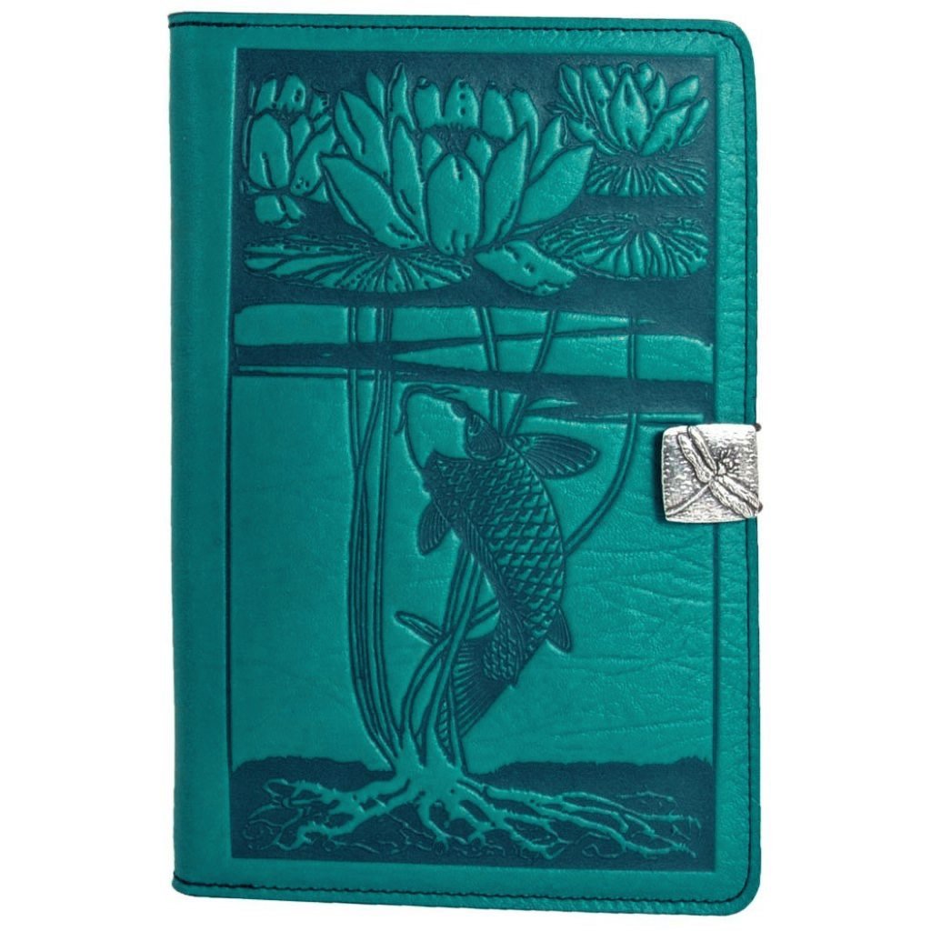 Oberon Design Leather iPad Mini Cover, Case, Water Lily Koi, Teal