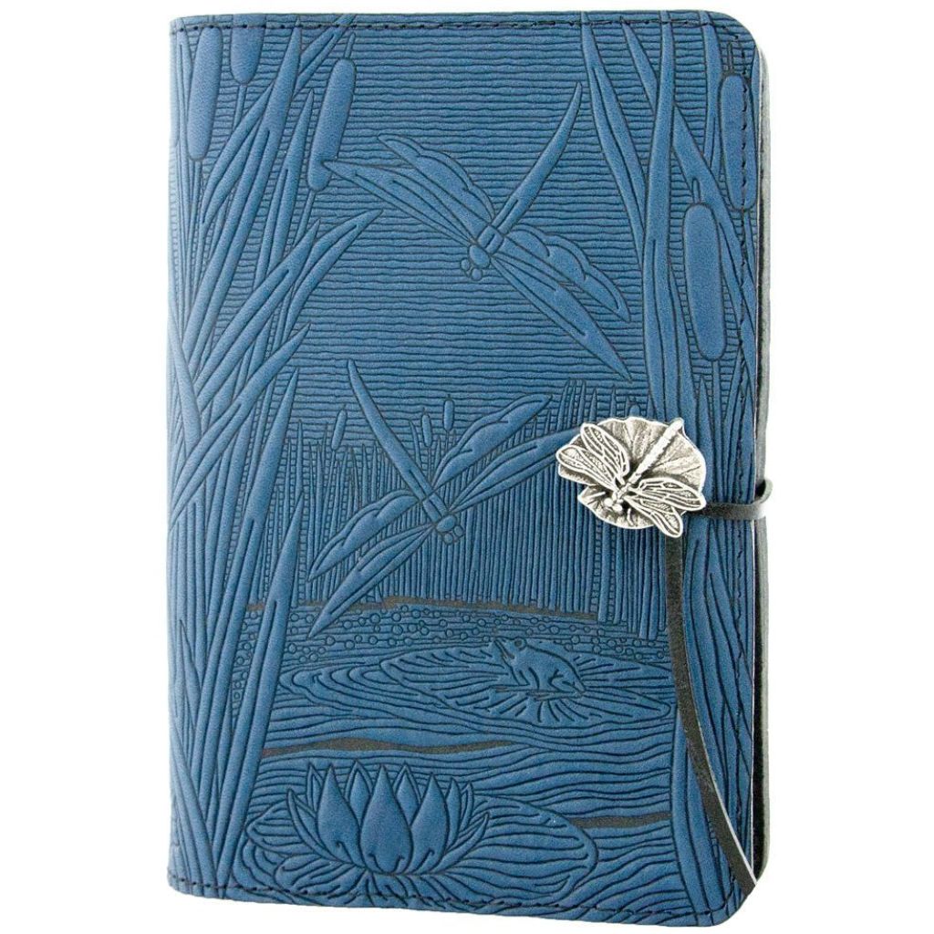 Genuine Leather Refillable Journal Cover + Hardbound Blank Insert - 6x9 Inches - Roof of Heaven, Sky Blue with Pewter Button - Made in The USA by Ober