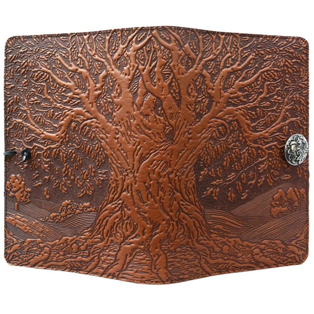 Oberon Design Leather Refillable Journal Cover, Tree of Life Small / Saddle