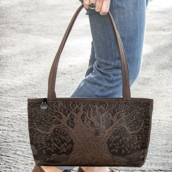 Oberon Design Leather Women's Handbag, Tree of Life Streamline