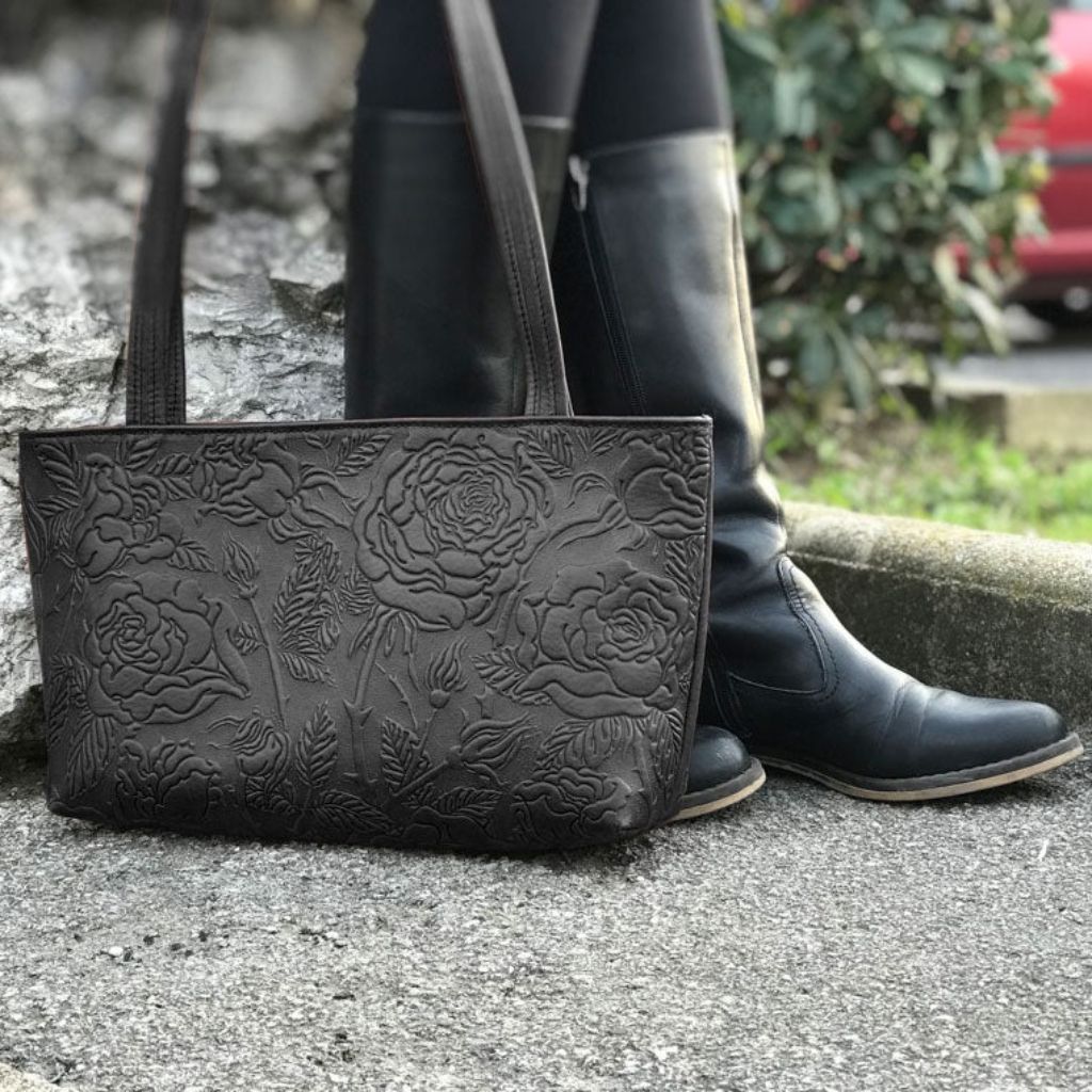 Oberon Design Leather Women&#39;s Handbag, Wild Rose Streamline, Black, Model