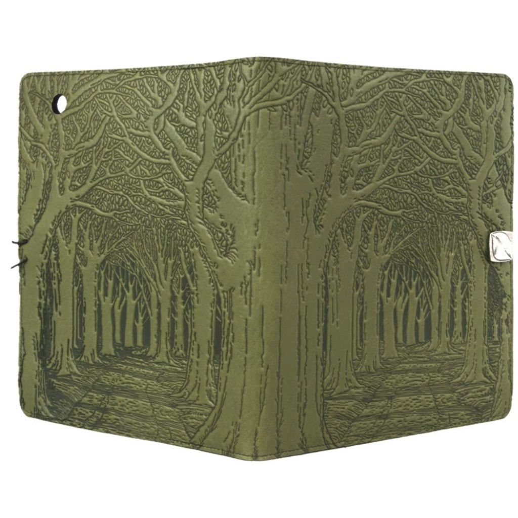 Oberon Design Leather iPad Mini Cover, Case, Avenue of Trees, Fern, Open