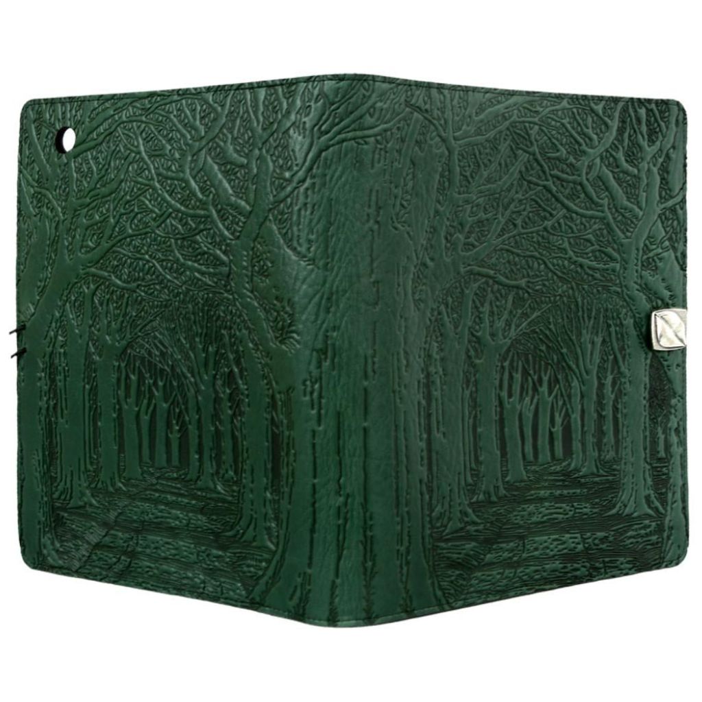 Oberon Design Leather iPad Mini Cover, Case, Avenue of Trees, Green - Open