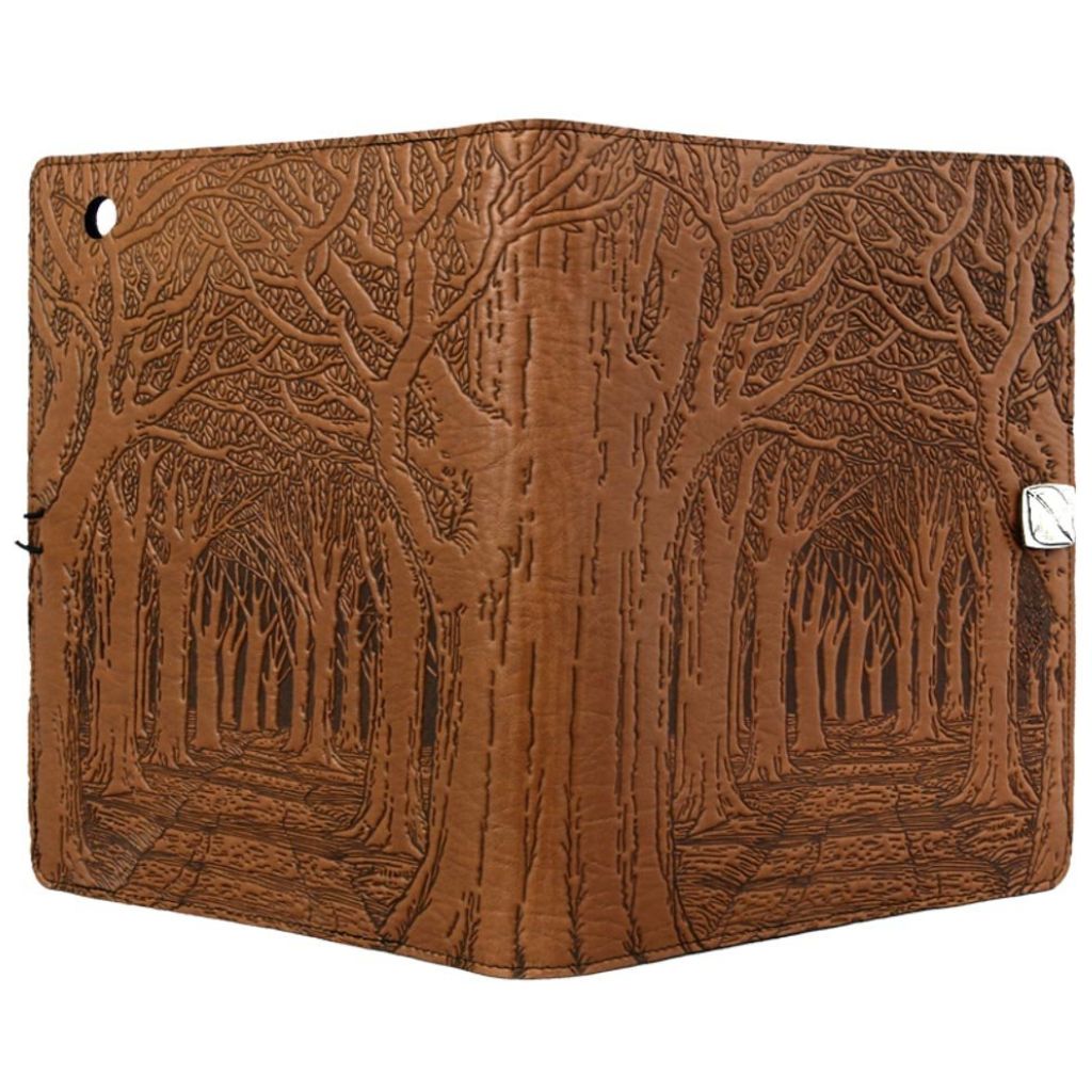 Oberon Design Leather iPad Mini Cover, Case, Avenue of Trees, Saddle - Open