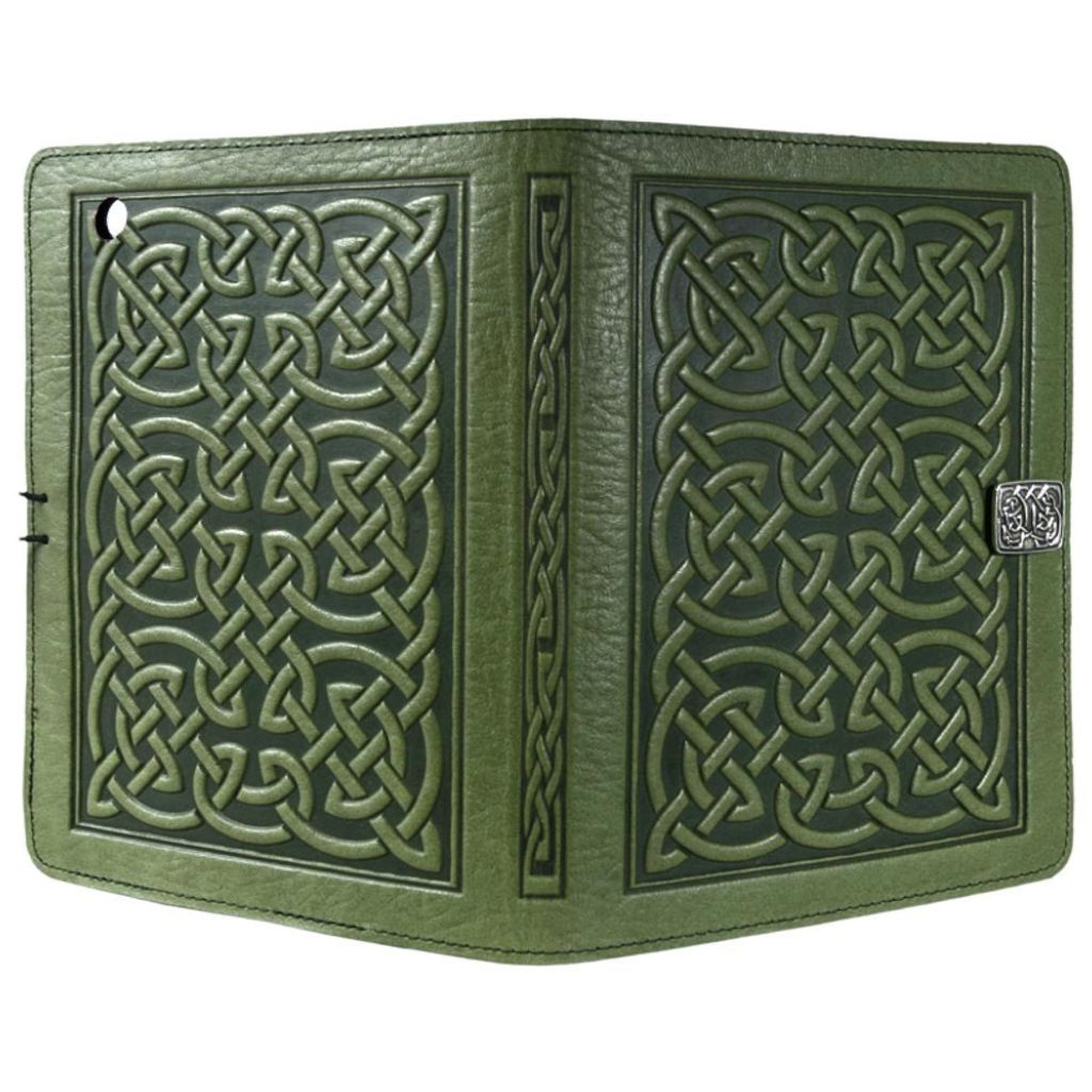 Oberon Design Leather iPad Mini Cover, Case, Bold Celtic, Fern - Open