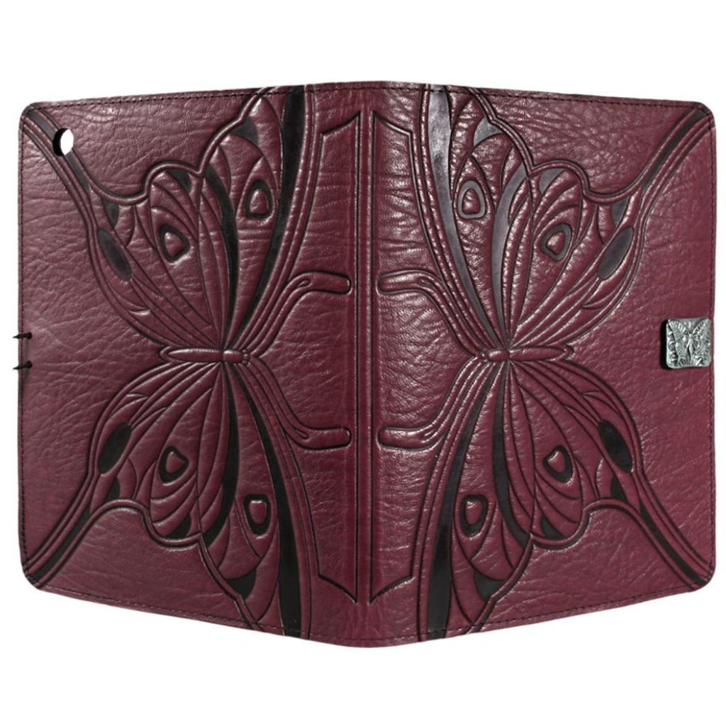 Oberon Design Leather iPad Mini Cover, Case, Butterfly, Wine - Open