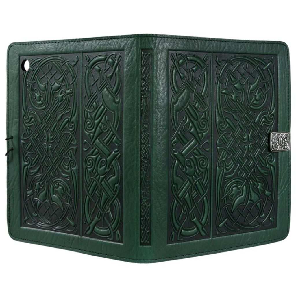 Oberon Design Leather iPad Mini Cover, Case, Celtic Hounds, Green - Open
