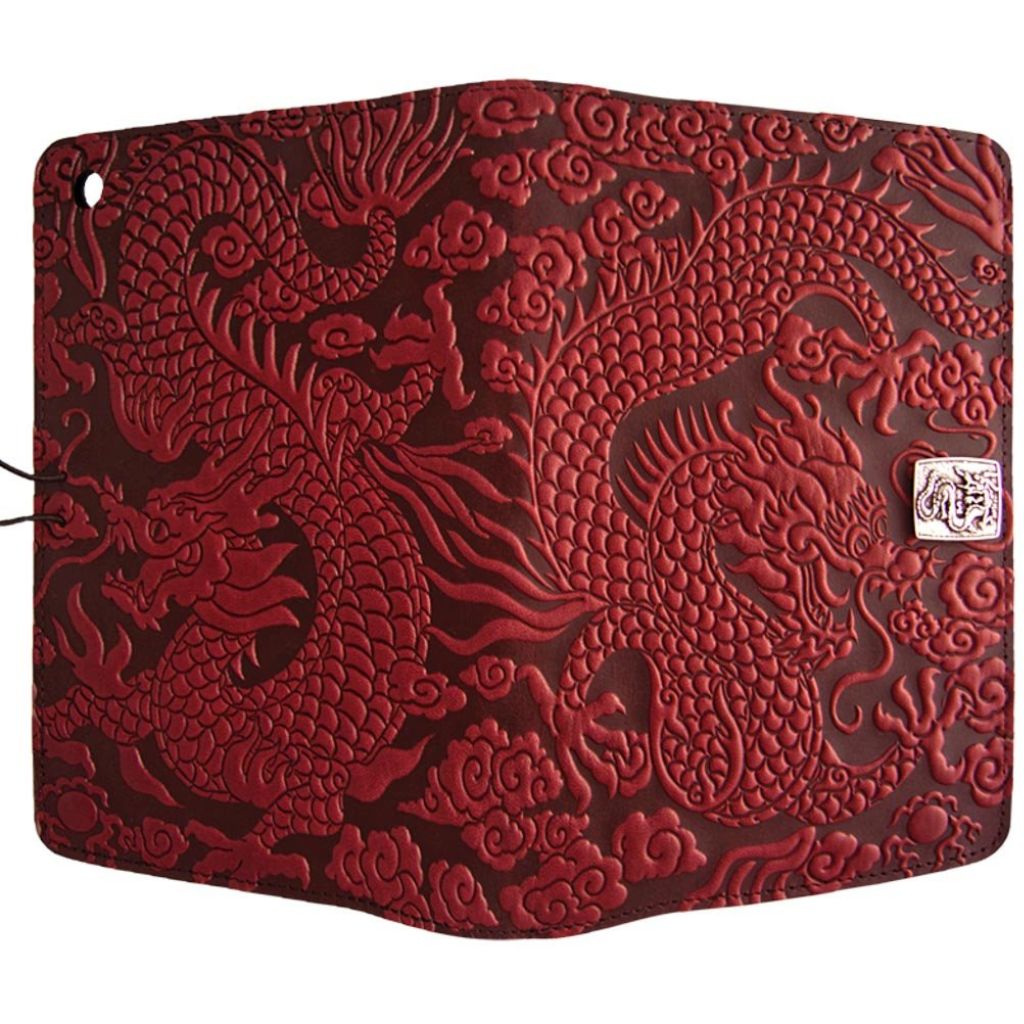 Oberon Design Leather iPad Mini Cover, Case, Cloud Dragon, Red - Open