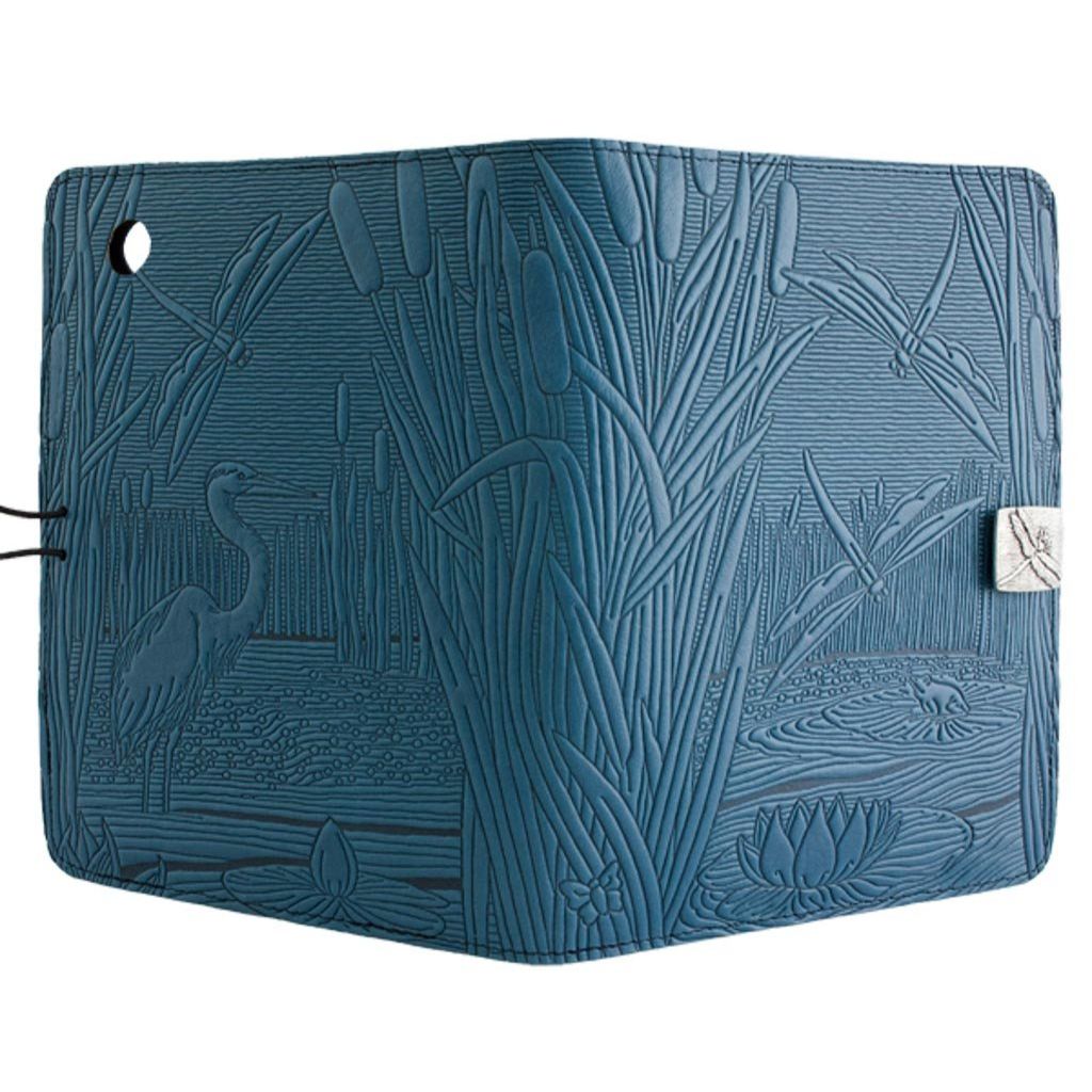 Oberon Design Leather iPad Mini Cover, Case, Dragonfly Pond, Blue - Open