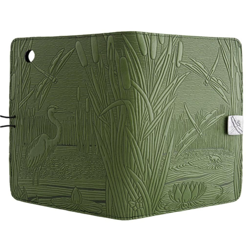 Oberon Design Leather iPad Mini Cover, Case, Dragonfly Pond, Fern - Open