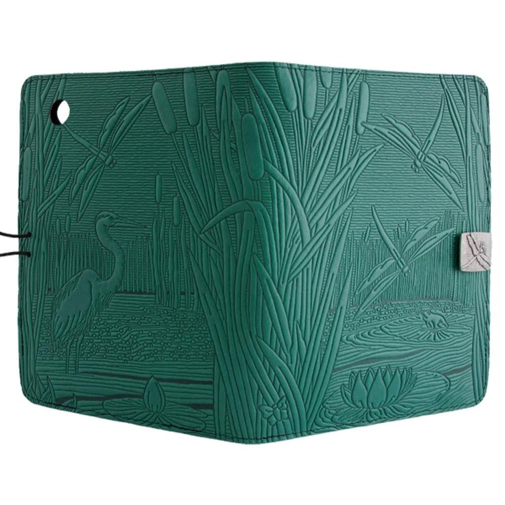 Oberon Design Leather iPad Mini Cover, Case, Dragonfly Pond, Teal - Open