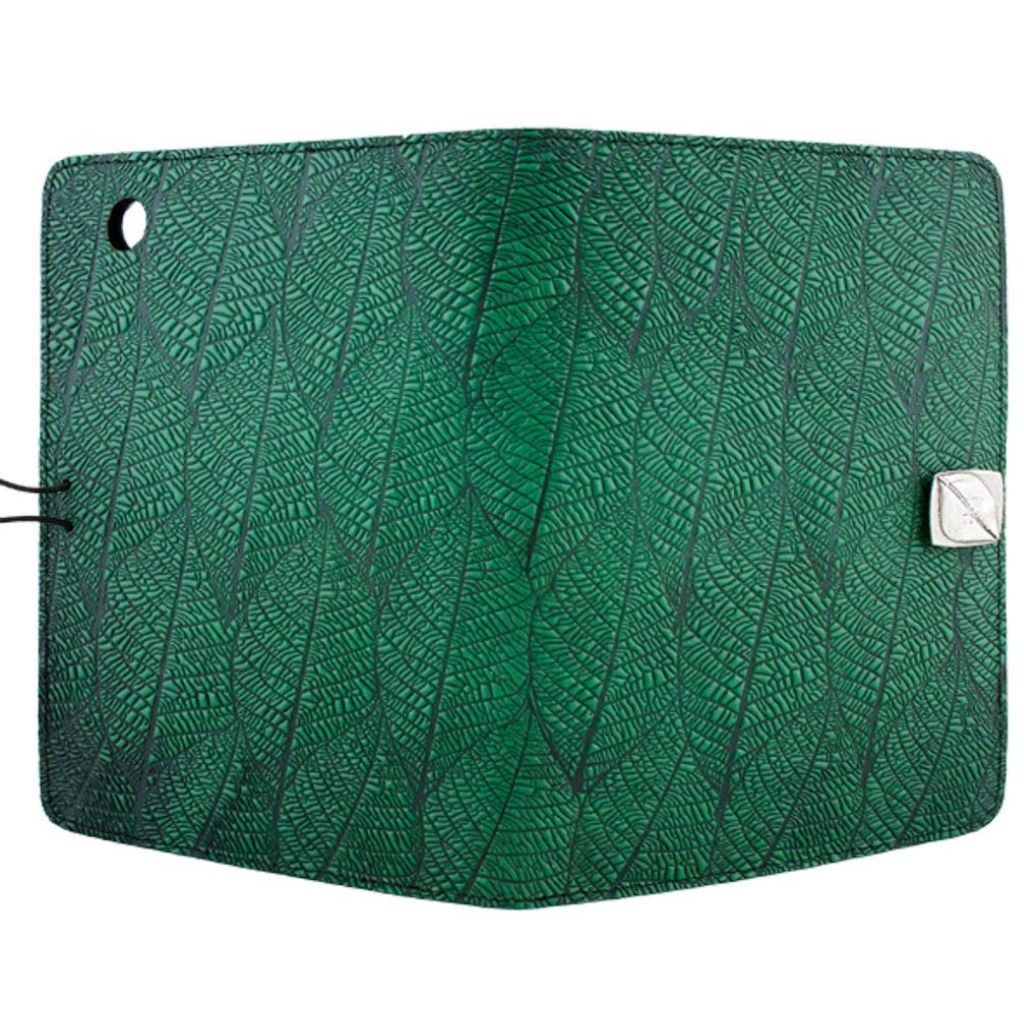 Oberon Design Leather iPad Mini Cover, Case, Fallen Leaves, Green - Open
