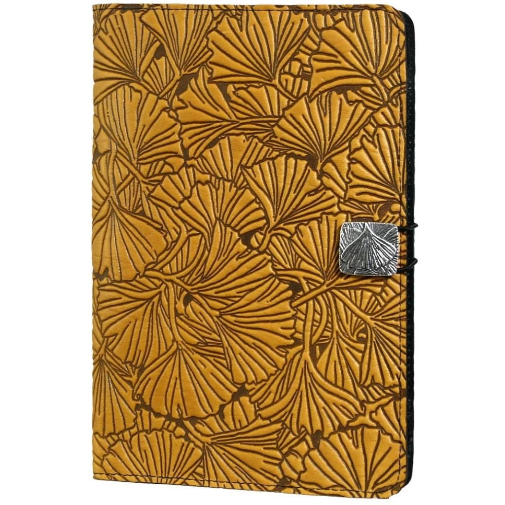 Oberon Design Leather iPad Mini Cover, Case, Ginkgo Leaves, Marigold