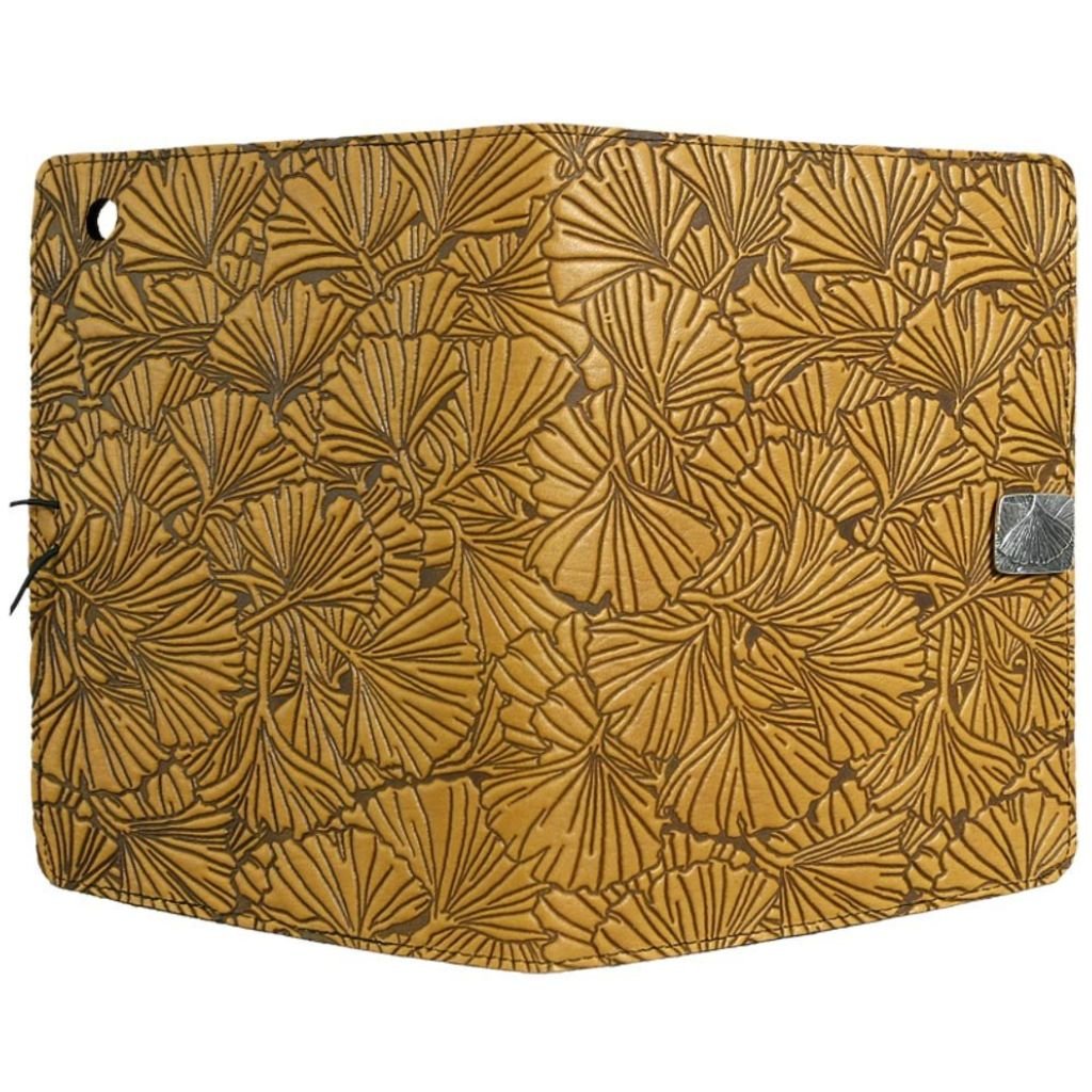 Oberon Design Leather iPad Mini Cover, Case, Ginkgo Leaves, Marigold - Open