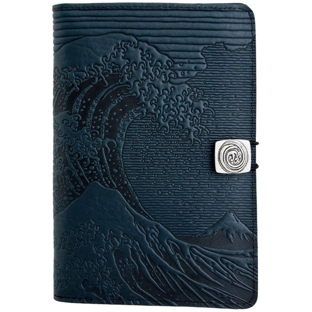 Oberon Design Leather iPad Mini Cover, Case, Hokusai Wave, Navy