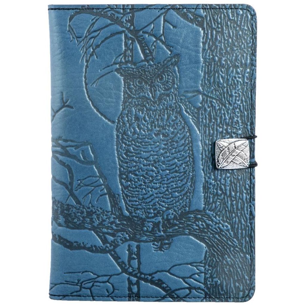 Oberon Design Leather iPad Mini Cover, Case, Horned Owl, Blue